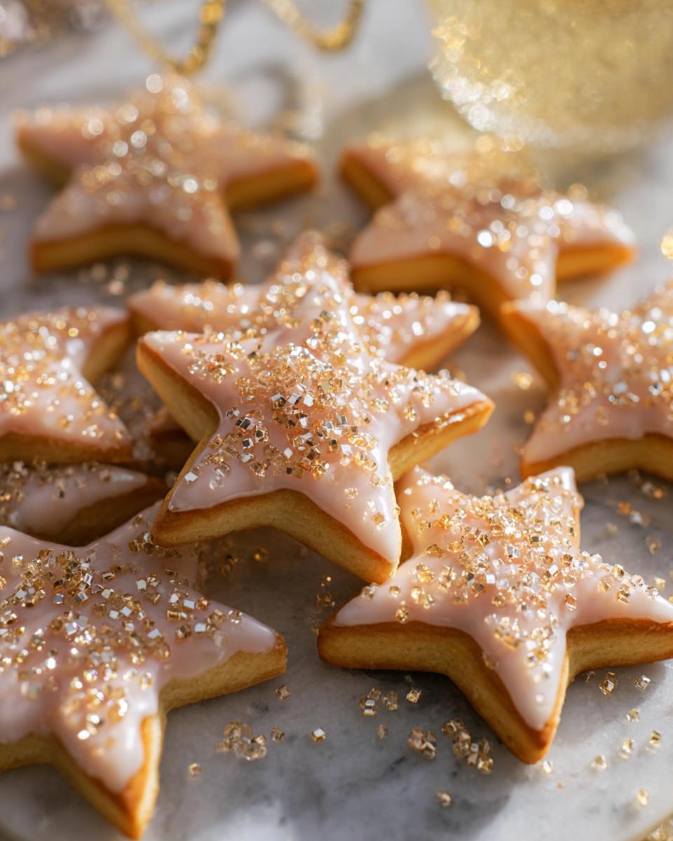 Close-up of star-shaped Champagne Sugar Cookies topped with pale pink icing and gold edible glitter.