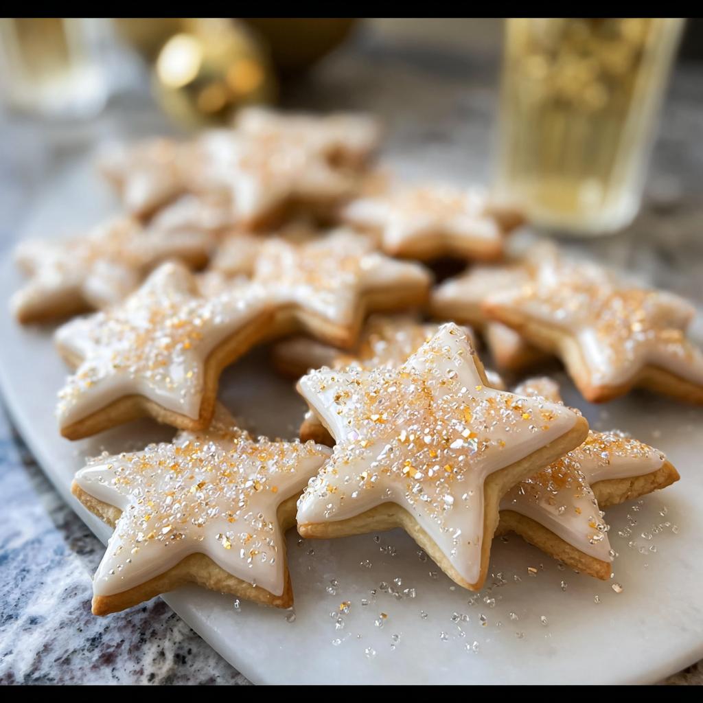 Close-up of star-shaped Champagne Sugar Cookies topped with white icing and gold edible glitter.