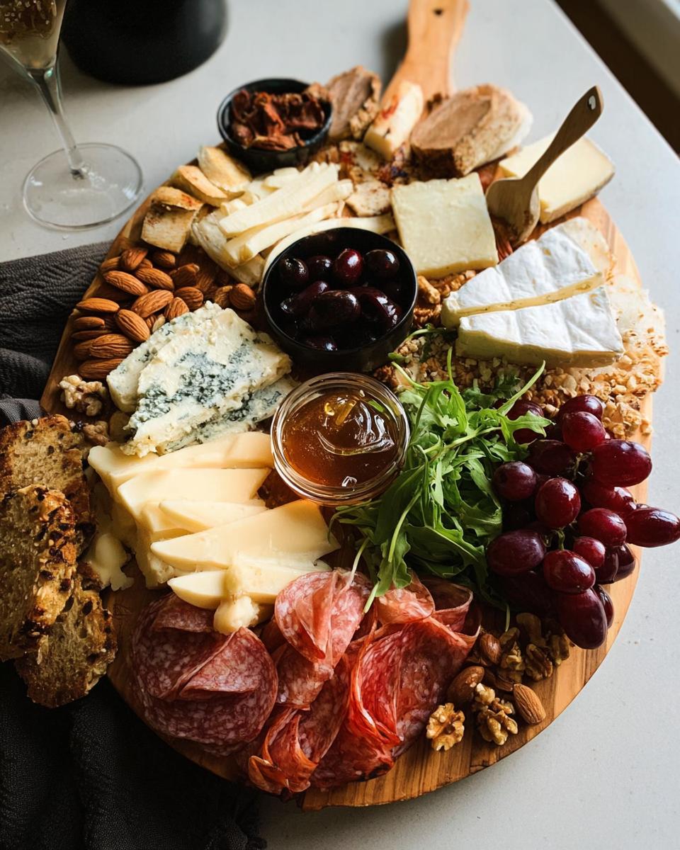 A beautiful, fully assembled Cheese Board in 10 Minutes featuring various cheeses, salami, grapes, nuts, and honey.