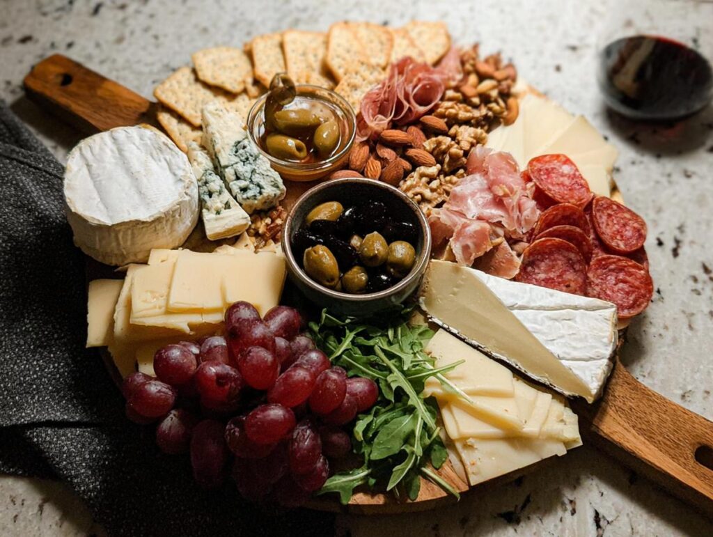 A fully assembled Cheese Board in 10 Minutes featuring various cheeses, cured meats, nuts, grapes, olives, and crackers.