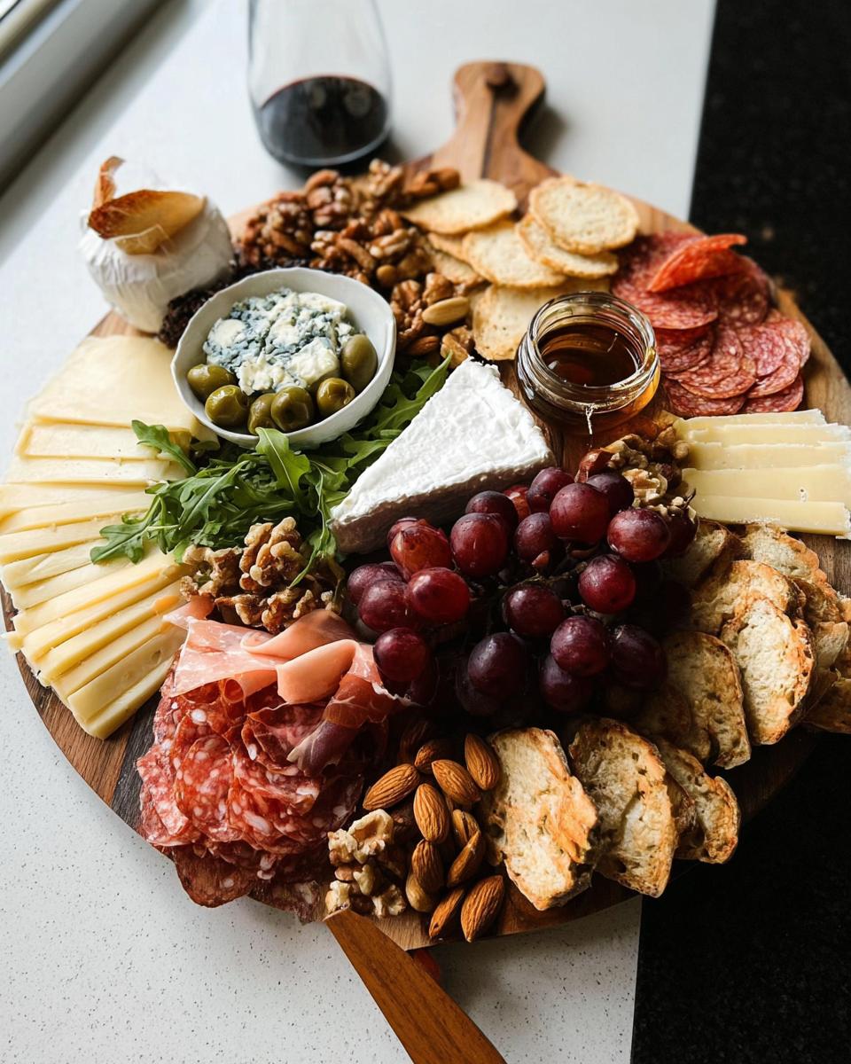 Overhead view of a beautiful Cheese Board in 10 Minutes featuring cheeses, cured meats, grapes, nuts, and honey.
