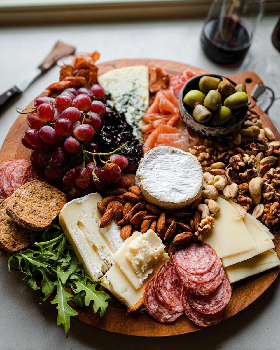 A beautifully arranged Cheese Board in 10 Minutes featuring various cheeses, red grapes, nuts, olives, and salami.