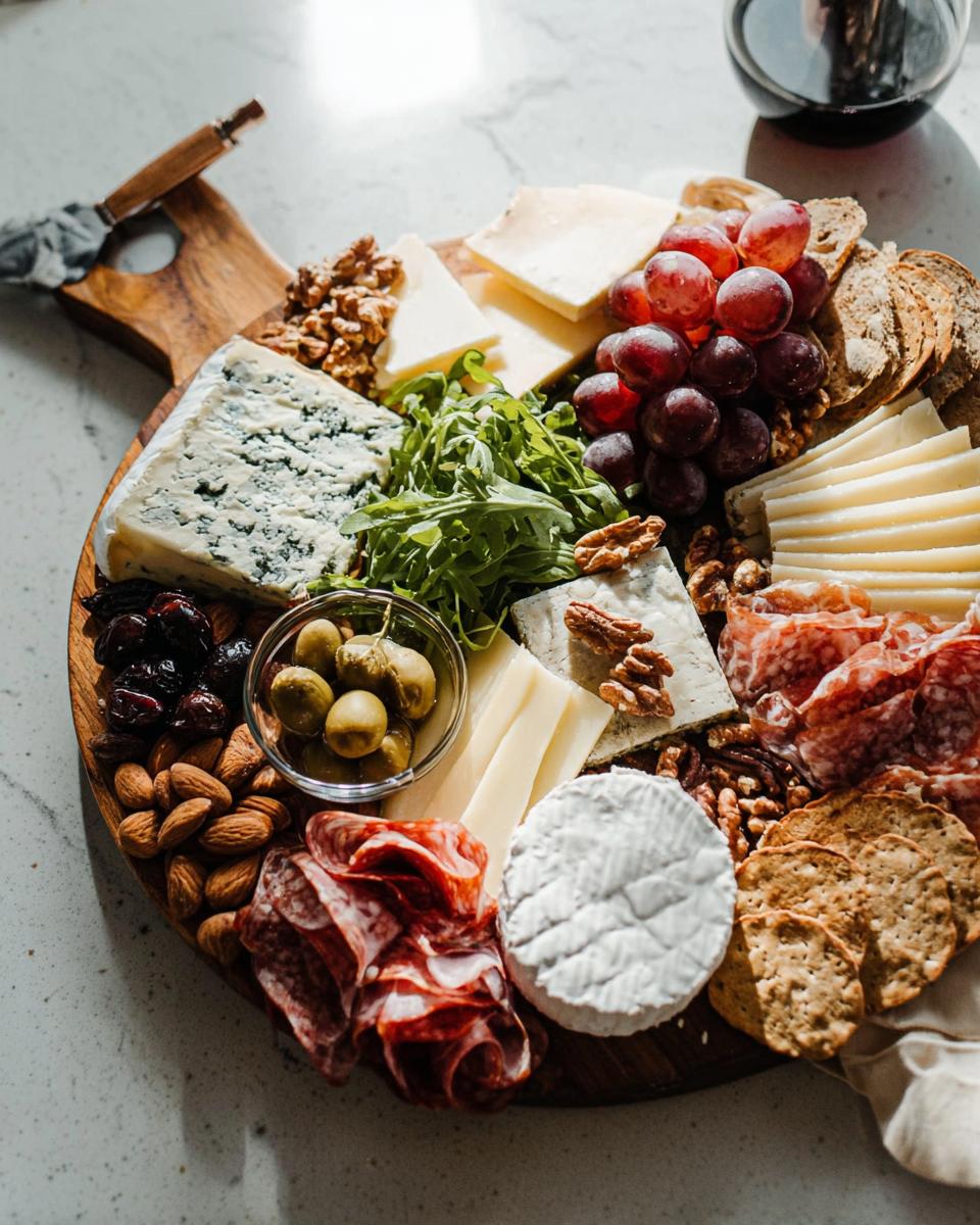 A beautifully arranged Cheese Board in 10 Minutes featuring blue cheese, brie, salami, grapes, nuts, and crackers.