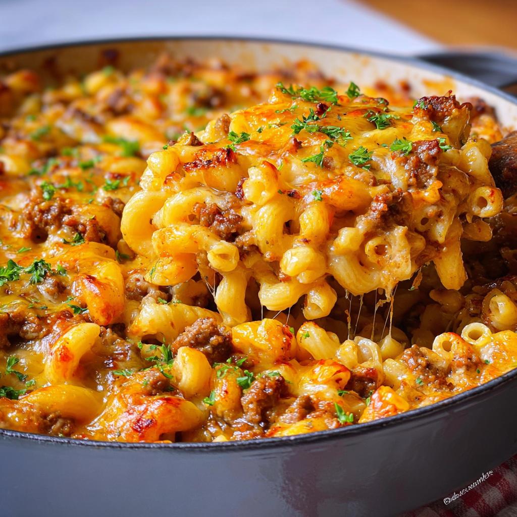 A wooden spoon lifting a cheesy, saucy scoop of Cheeseburger Casserole with ground beef and macaroni noodles.
