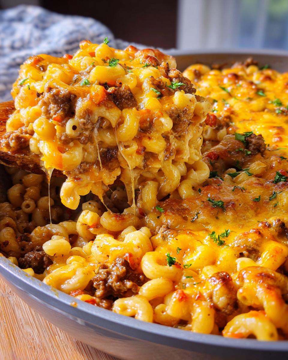 A wooden spoon lifts a scoop of cheesy Cheeseburger Casserole showing melted cheese strings and ground beef mixed with elbow macaroni.