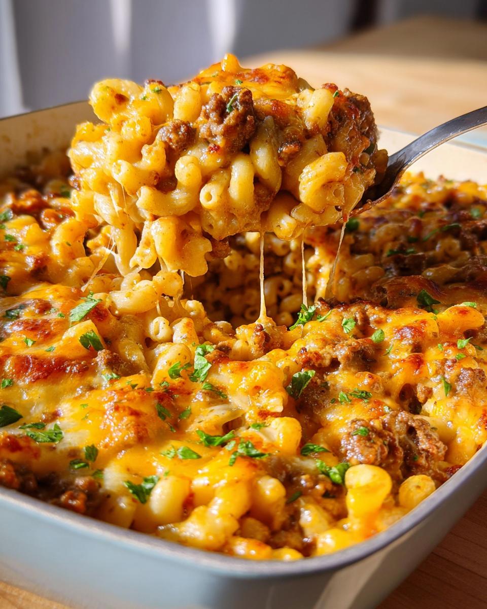 A spoonful of cheesy Cheeseburger Casserole (One Pan) being lifted, showing melted cheese strings and ground beef mixed with macaroni.