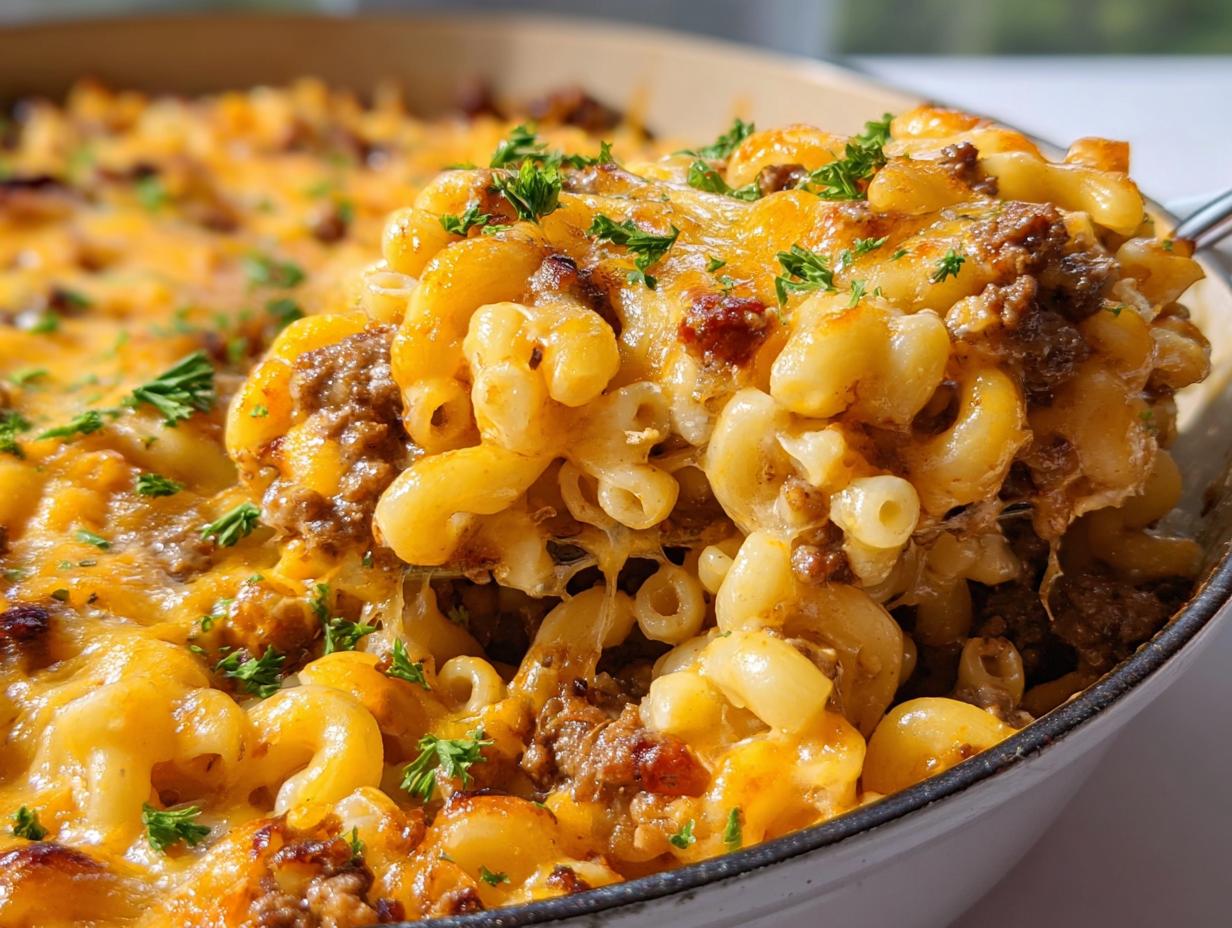A close-up scoop of cheesy Cheeseburger Casserole showing macaroni, ground beef, and melted cheddar cheese, garnished with parsley.