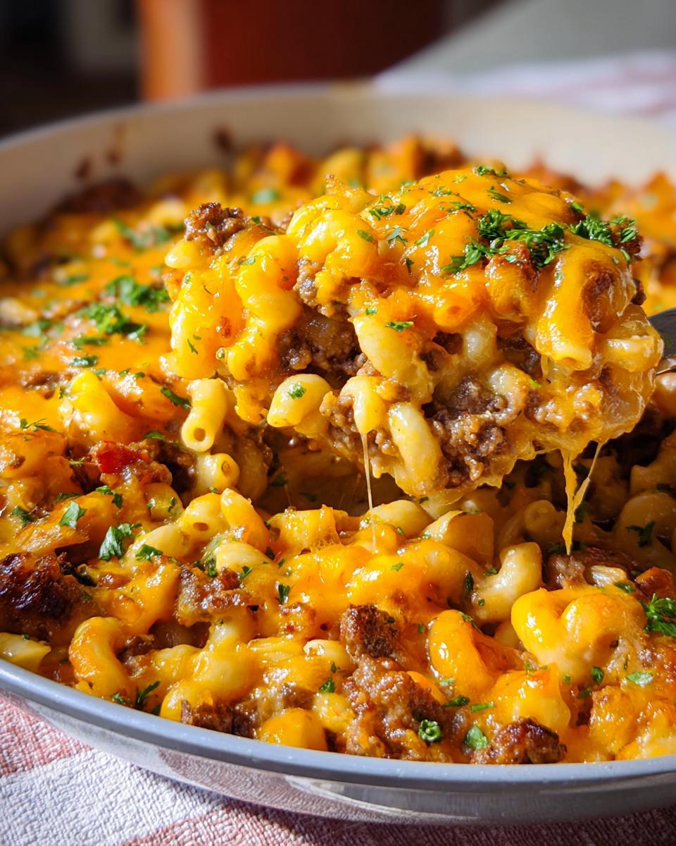 A spoonful of creamy Cheeseburger Casserole lifted from the pan, showing melted cheddar cheese and ground beef.