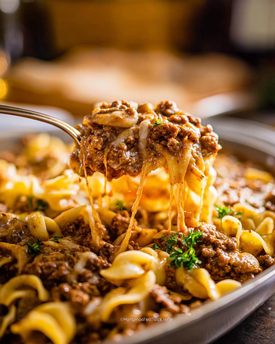 A spoonful of cheesy Beef Enchilada Casserole being lifted, showing melted cheese stretching between the spoon and the dish.
