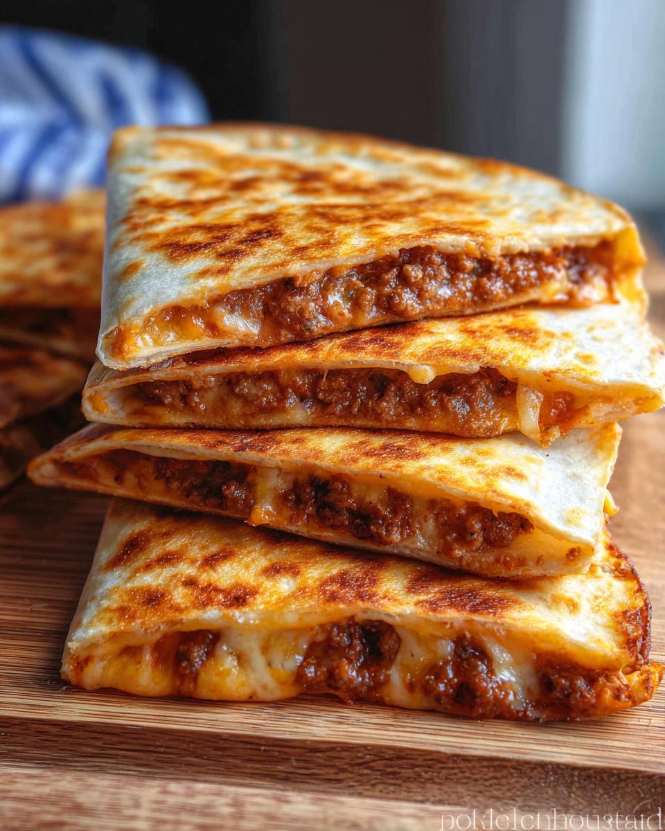 A stack of four golden-brown slices of Cheesy Beef Quesadillas showing melted cheese and savory ground beef filling.