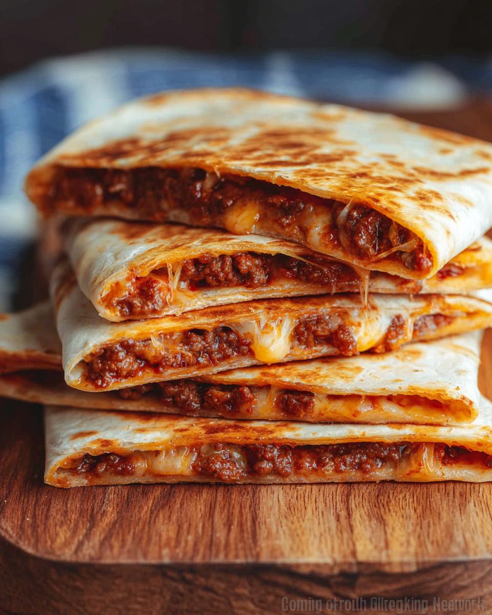 A stack of four golden-brown, grilled Cheesy Beef Quesadillas oozing melted cheese and savory ground beef filling.