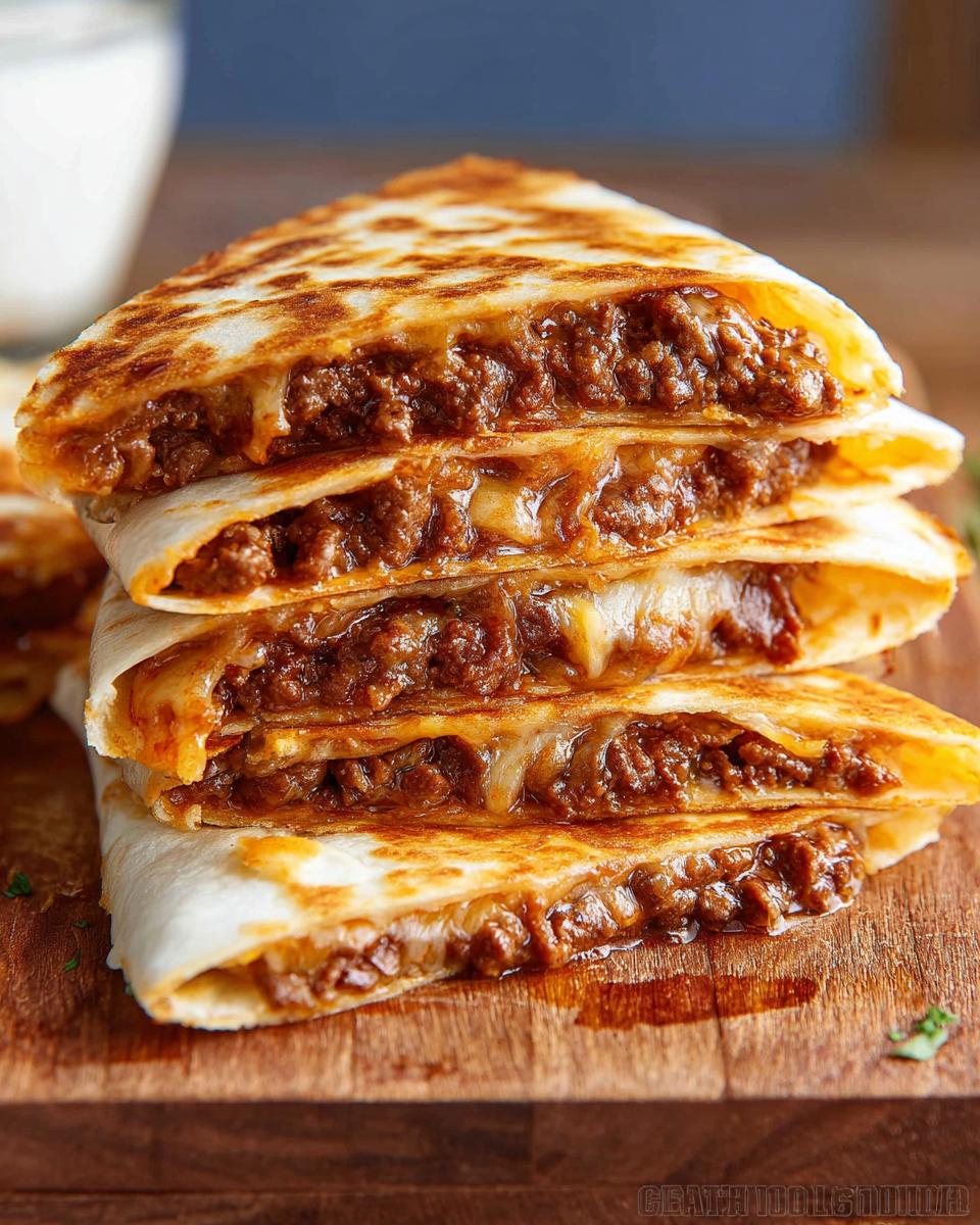 A stack of four golden-brown wedges of Cheesy Beef Quesadillas, showing melted cheese and seasoned ground beef filling.