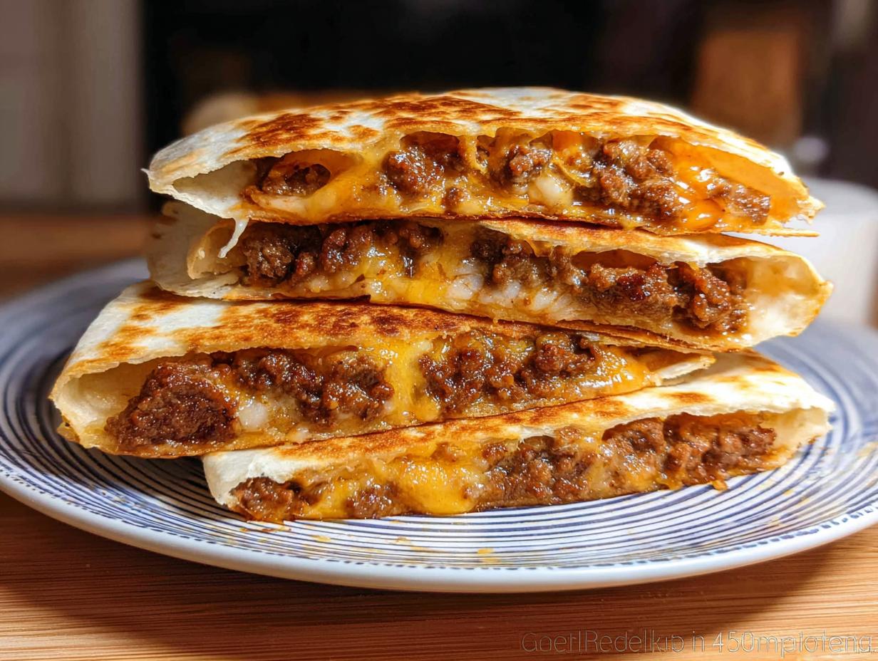 A stack of four golden-brown quesadilla wedges filled with seasoned ground beef and melted cheese, showcasing Cheesy Beef Quesadillas.