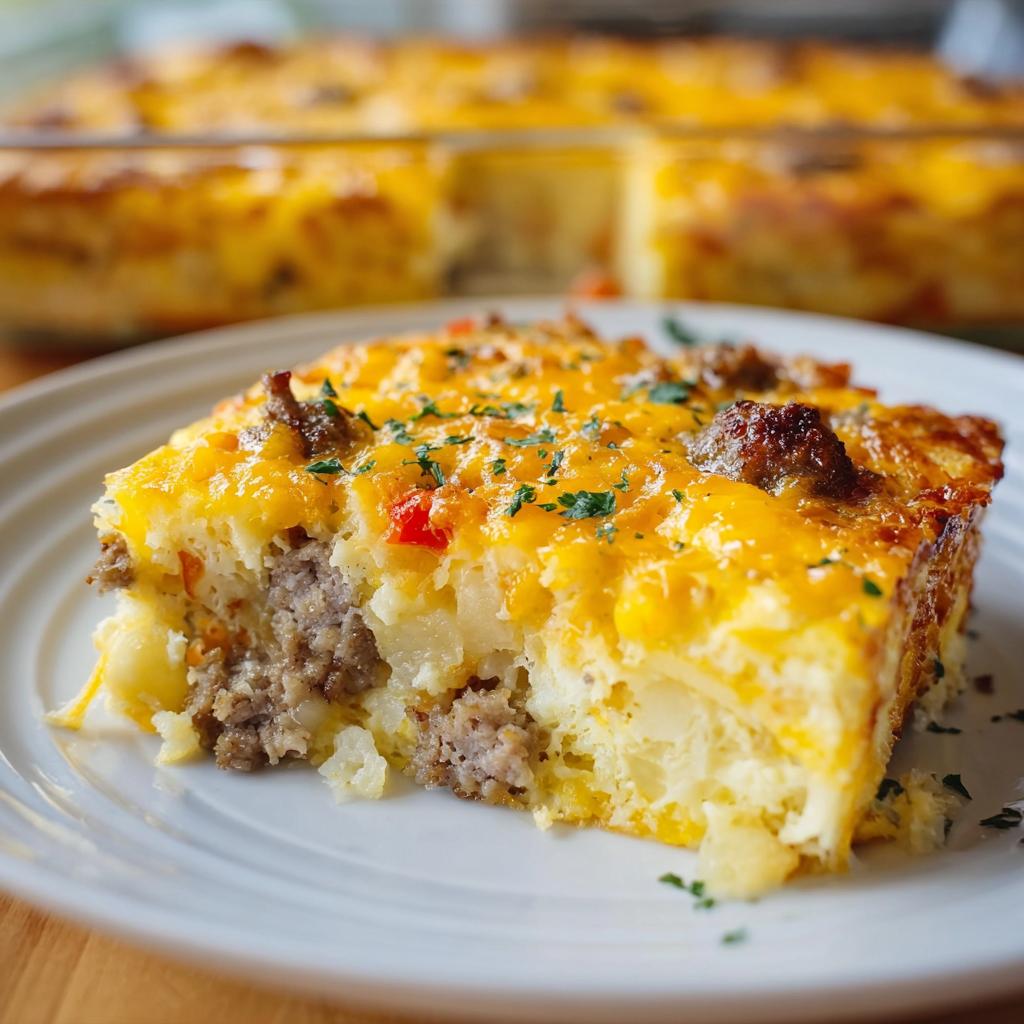 A thick slice of Cheesy Hashbrown Breakfast Casserole topped with melted cheddar and sausage, served on a white plate.