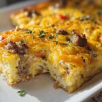 Close-up of a slice of Cheesy Hashbrown Breakfast Casserole topped with melted cheddar and sausage crumbles.