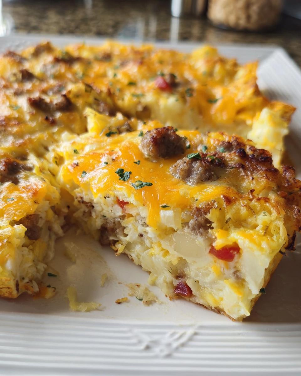 Close-up of a slice of Cheesy Hashbrown Breakfast Casserole showing layers of eggs, potatoes, sausage, and melted cheddar cheese.
