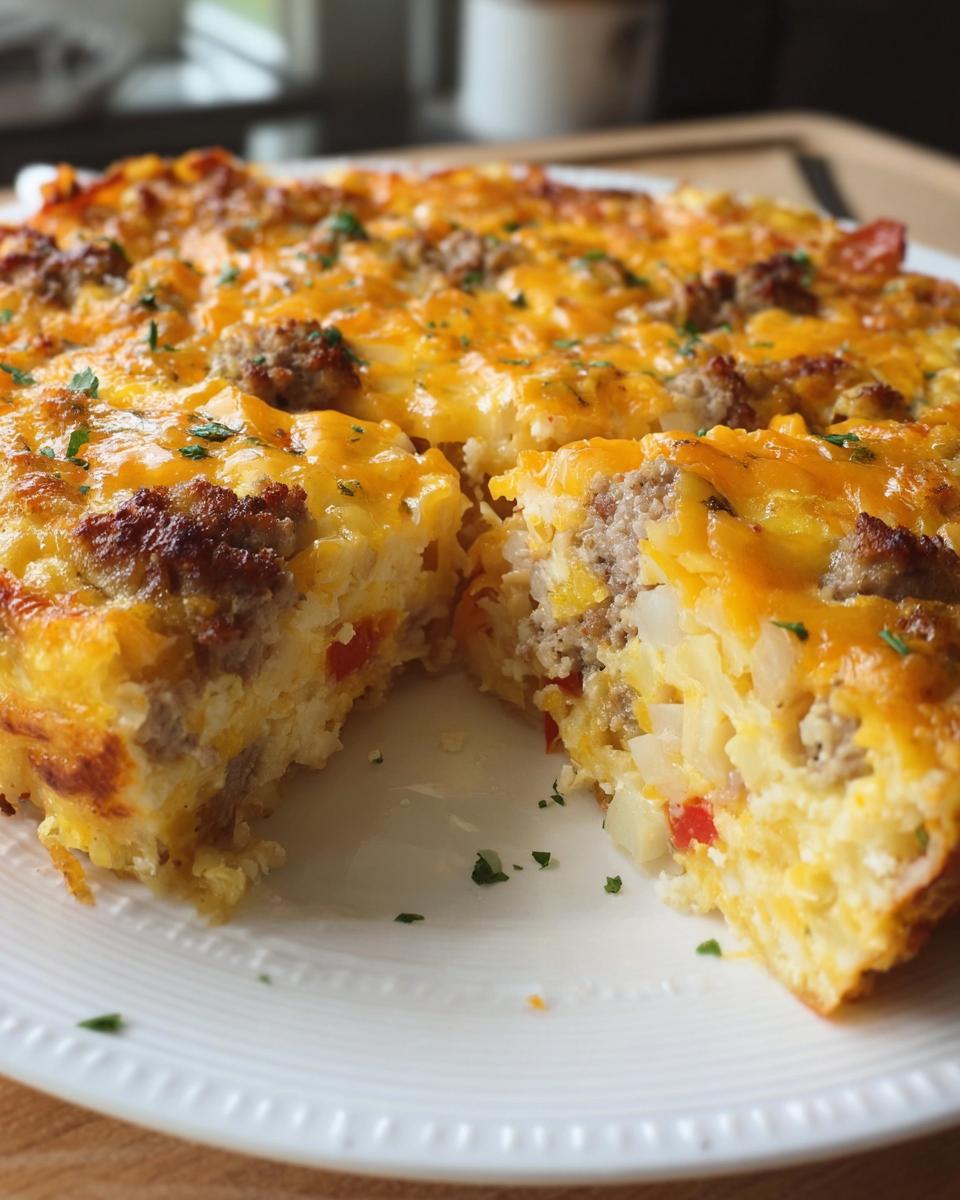 A slice removed from a Cheesy Hashbrown Breakfast Casserole showing layers of egg, sausage, hashbrowns, and melted cheddar cheese.
