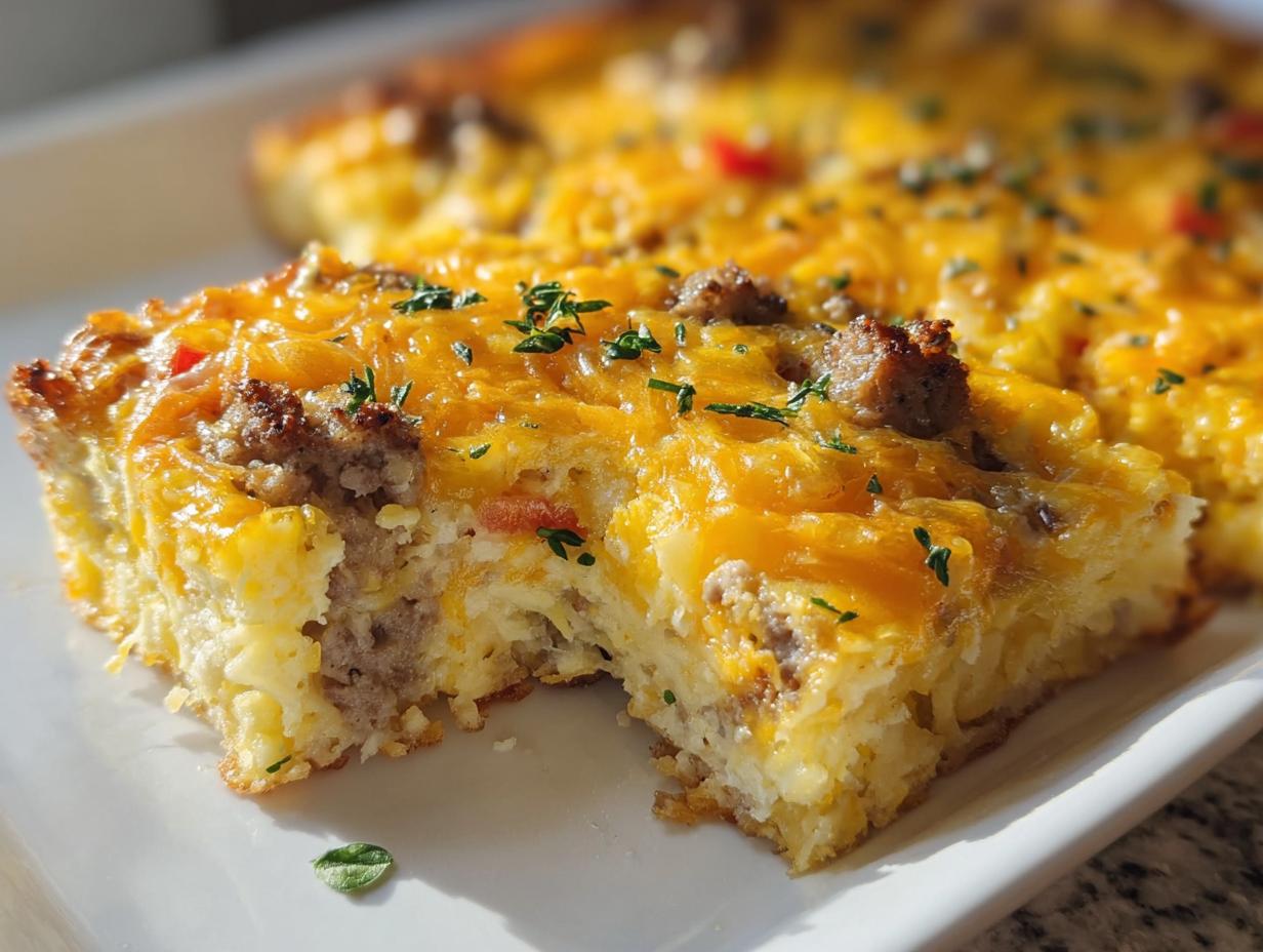 Close-up of a slice of Cheesy Hashbrown Breakfast Casserole topped with melted cheddar and sausage crumbles.