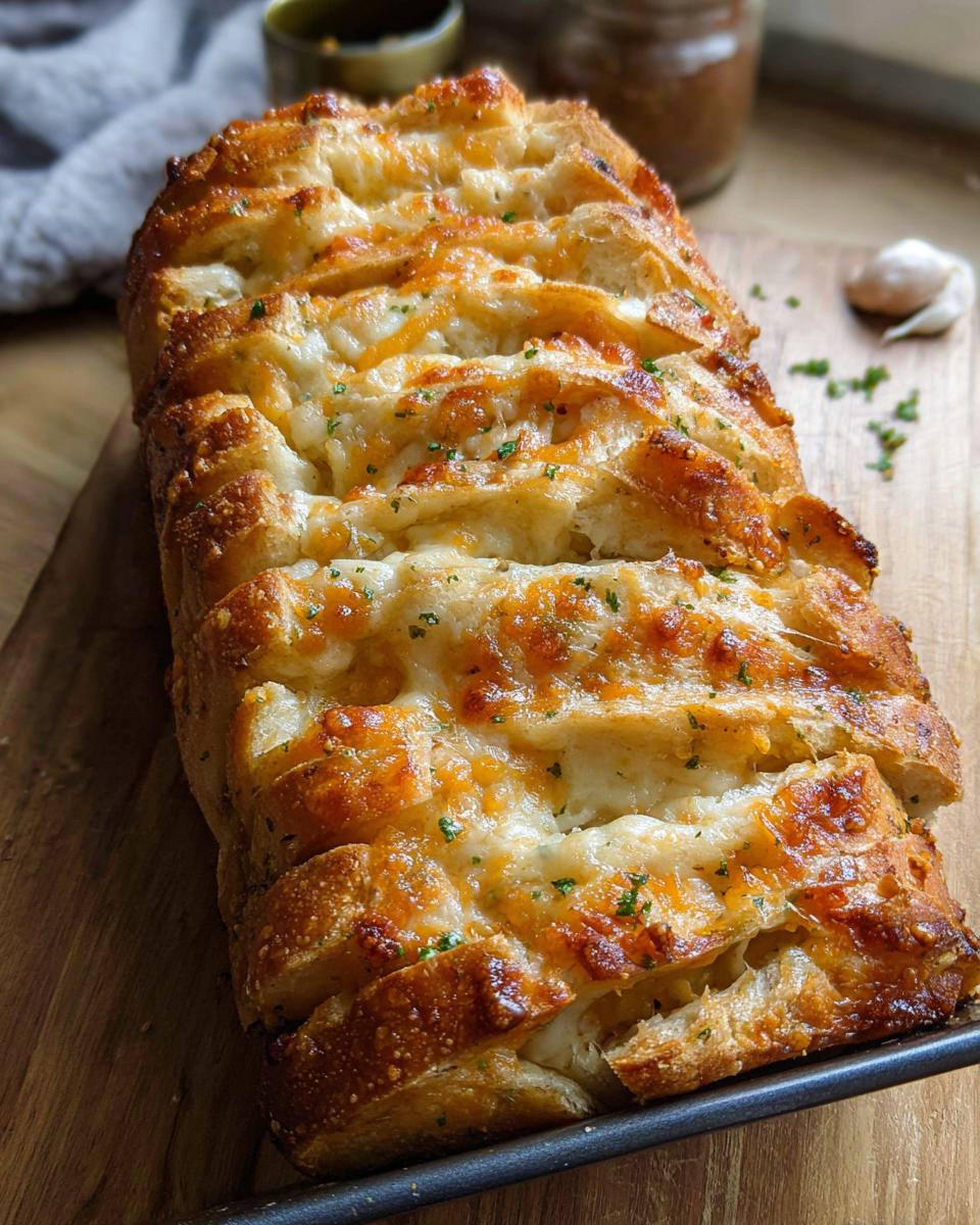 A freshly baked loaf of Cheesy Pull-Apart Bread, sliced and topped with melted golden cheese and herbs.