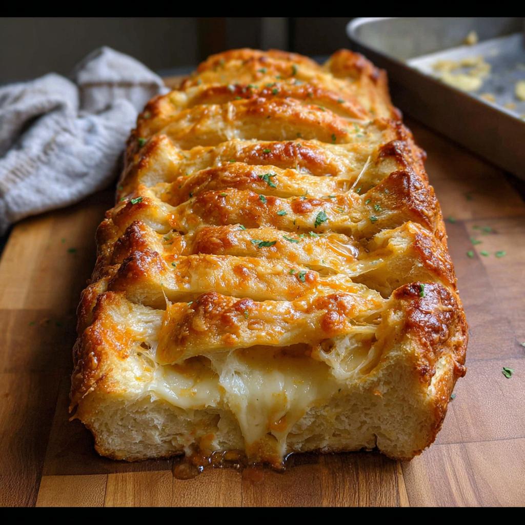 A loaf of golden brown Cheesy Pull-Apart Bread with melted cheese oozing out of the slices.