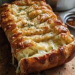 A close-up of a baked loaf of Cheesy Pull-Apart Bread showing melted, gooey cheese and herbs.