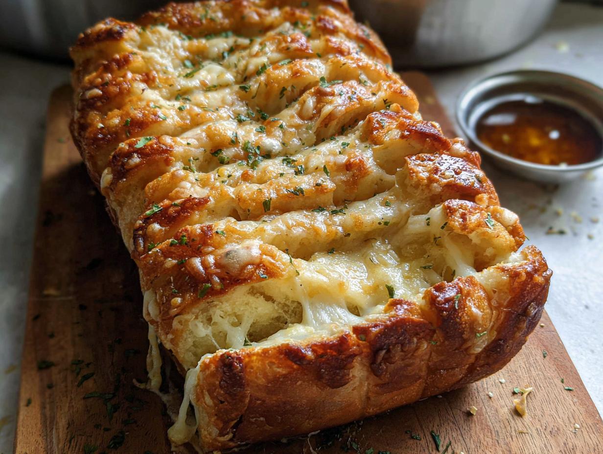 A close-up of a baked loaf of Cheesy Pull-Apart Bread showing melted, gooey cheese and herbs.