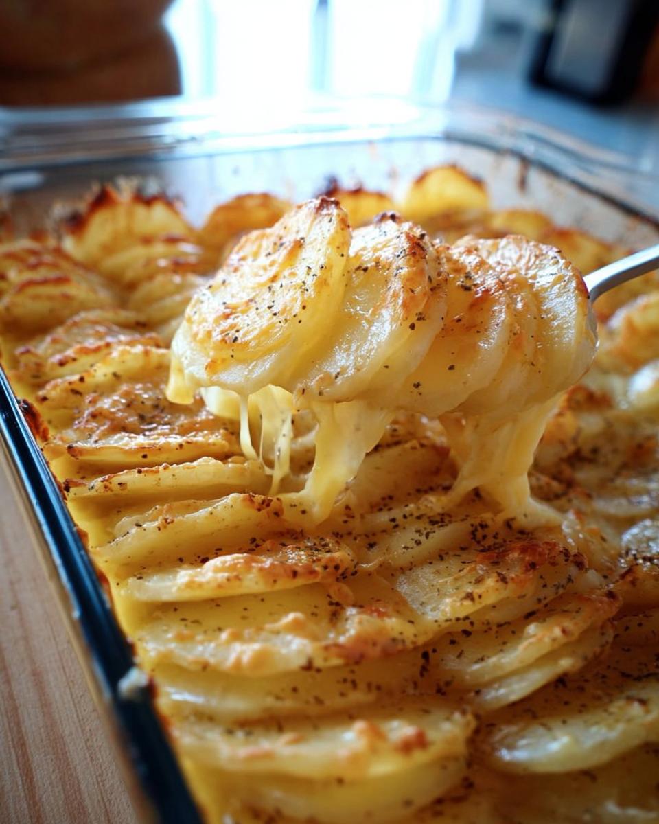 A spoonful of Cheesy Scalloped Potatoes showing melted, stretchy cheese between the layers of baked potato slices.