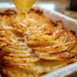 Close-up of baked Cheesy Scalloped Potatoes with browned edges as a stream of creamy sauce is poured over the top.