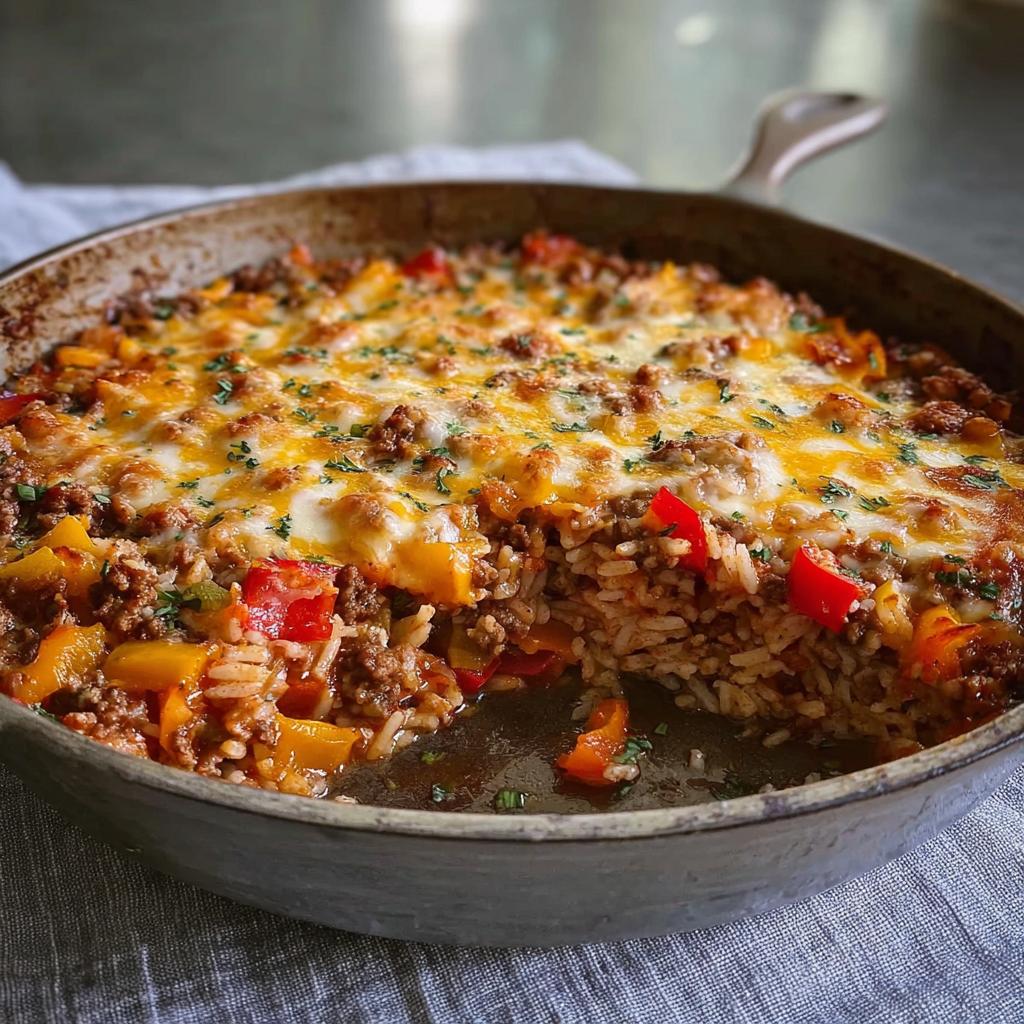 A hearty Stuffed Pepper Casserole with ground beef, rice, peppers, and melted cheese topping in a skillet.