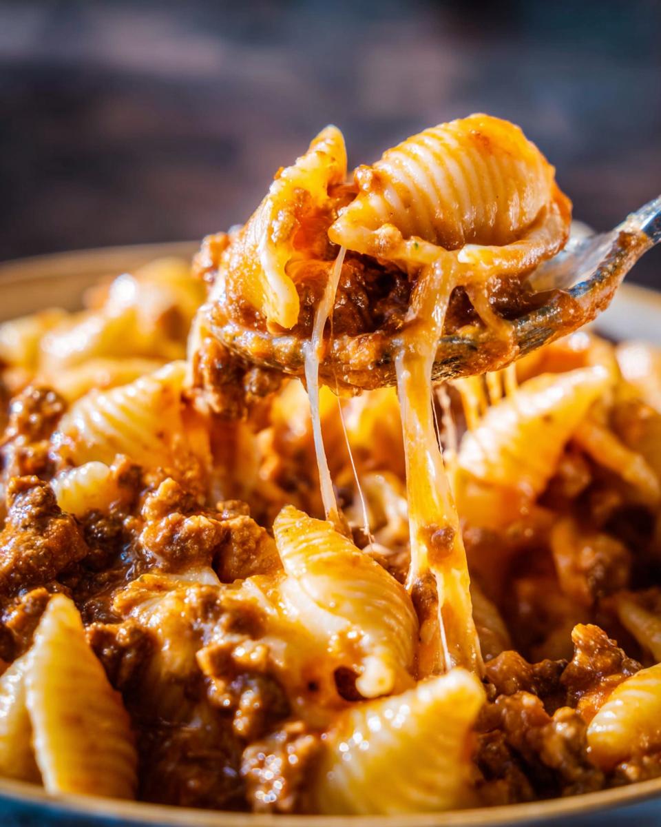 Close-up of a fork lifting pasta shells coated in rich sauce, showing a dramatic cheese pull from the Cheesy Taco Pasta.