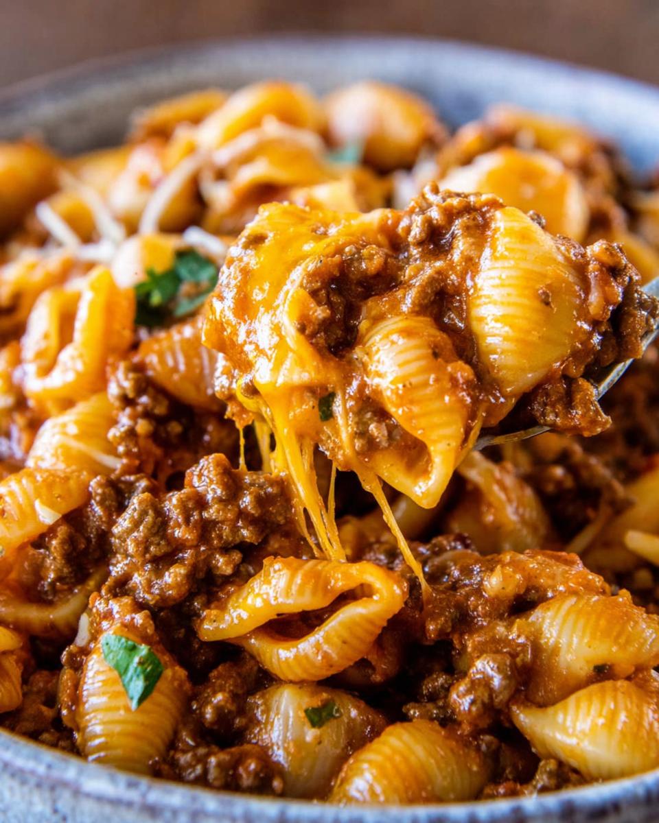 A spoonful of Cheesy Taco Pasta showing shell pasta coated in rich meat sauce and stretchy melted cheddar cheese.