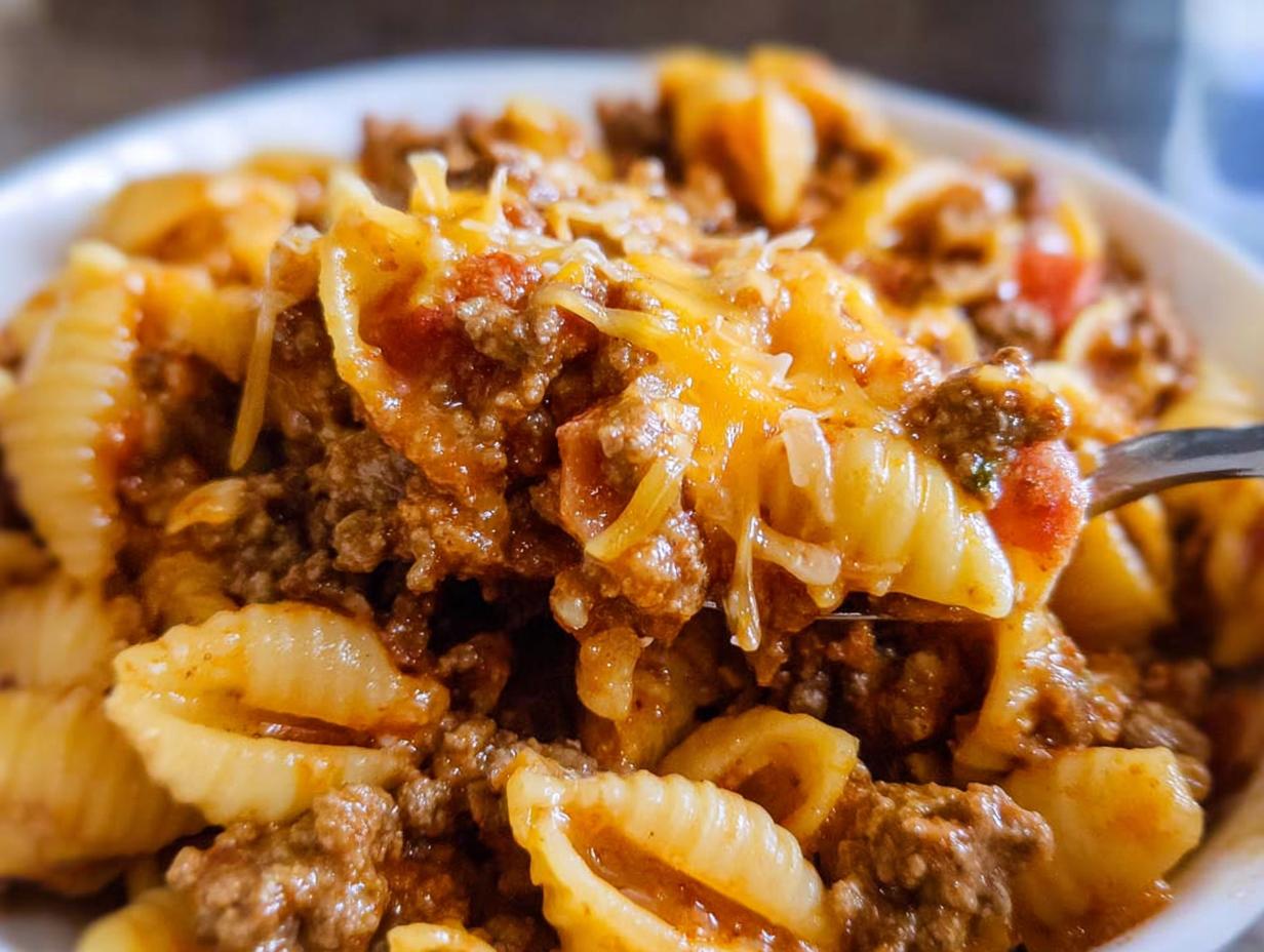 A spoonful of Cheesy Taco Pasta featuring shell pasta, seasoned ground beef, and melted cheddar cheese.