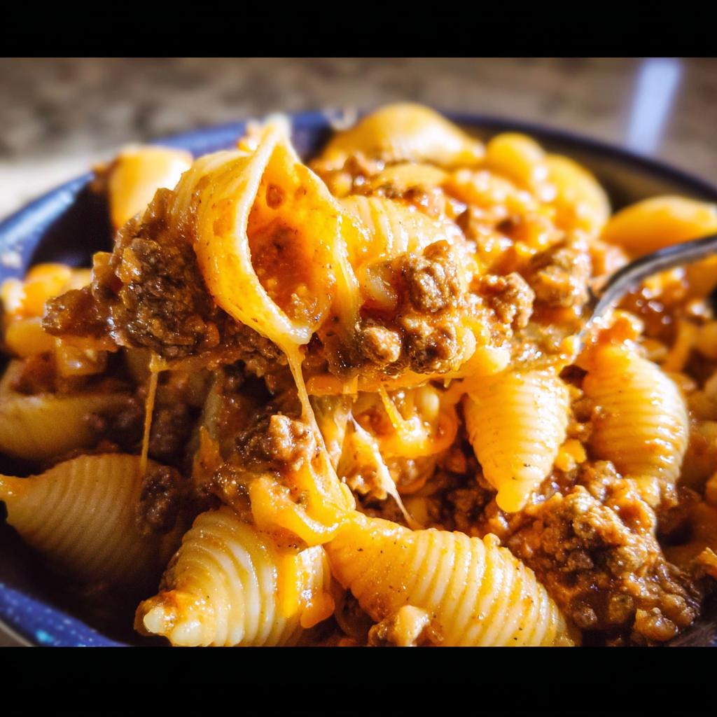 Close-up of a spoonful of Cheesy Taco Pasta featuring shell pasta, seasoned ground beef, and melted cheese.