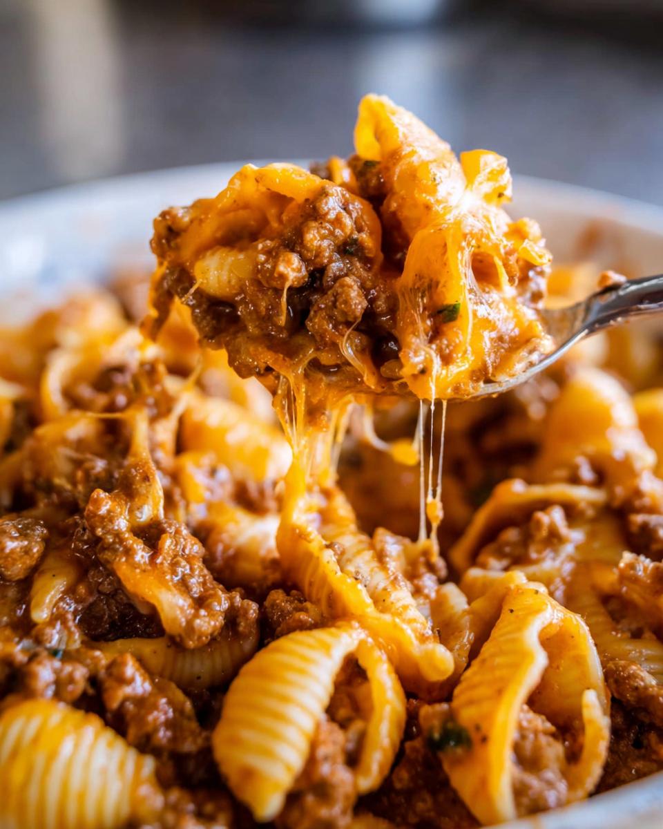 A spoonful of Cheesy Taco Pasta lifted from the bowl showing melted, stretchy cheese coating the ground meat and shell pasta.