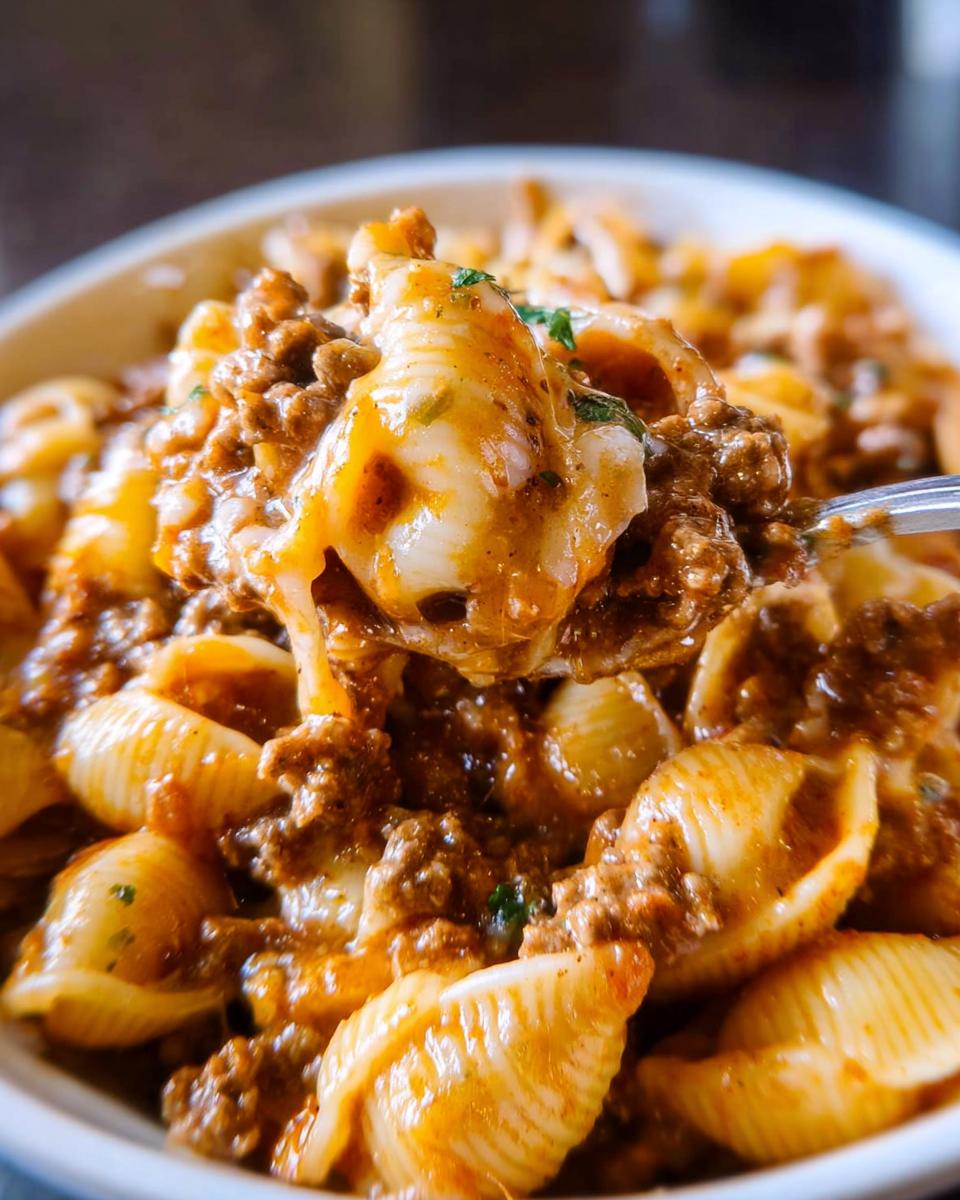 A spoonful of creamy Cheesy Taco Pasta featuring shell pasta coated in a rich, seasoned ground beef sauce.