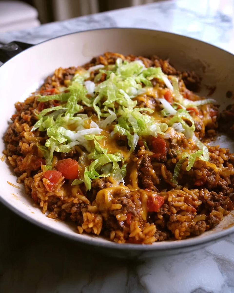 A hearty, cheesy Taco Skillet made with ground beef, rice, and tomatoes, topped with shredded lettuce.