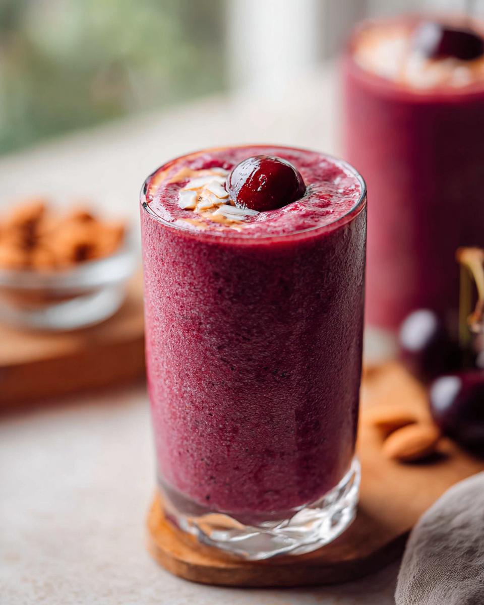 A tall glass filled with a thick, vibrant purple Cherry Almond Smoothie, topped with a fresh cherry and slivered almonds.