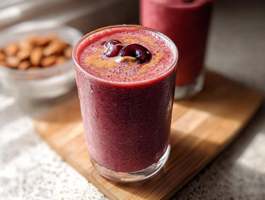 A vibrant, deep red Cherry Almond Smoothie topped with fresh cherries and almond butter.