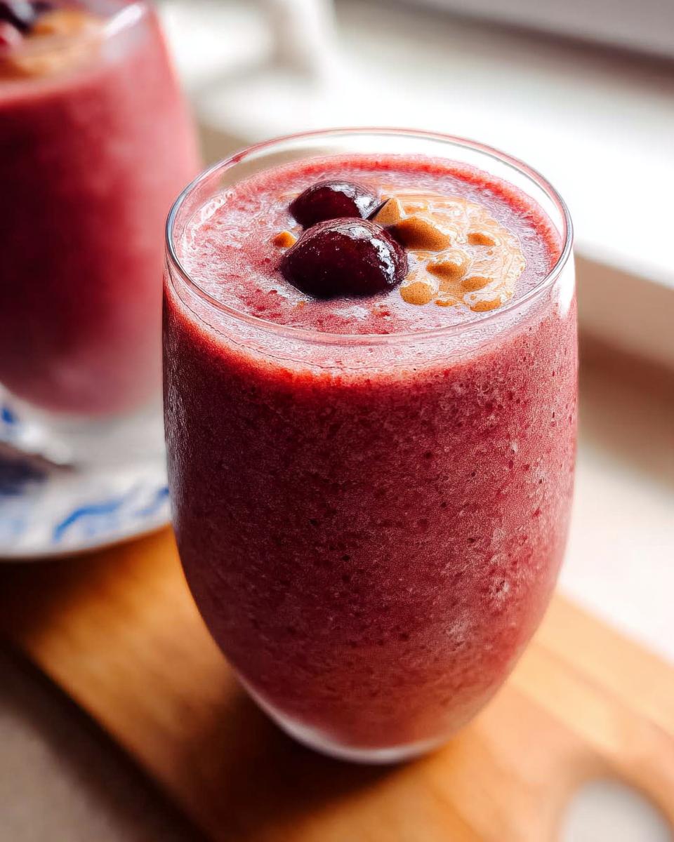 Close-up of a vibrant red Cherry Almond Smoothie topped with two dark cherries and a swirl of almond butter.