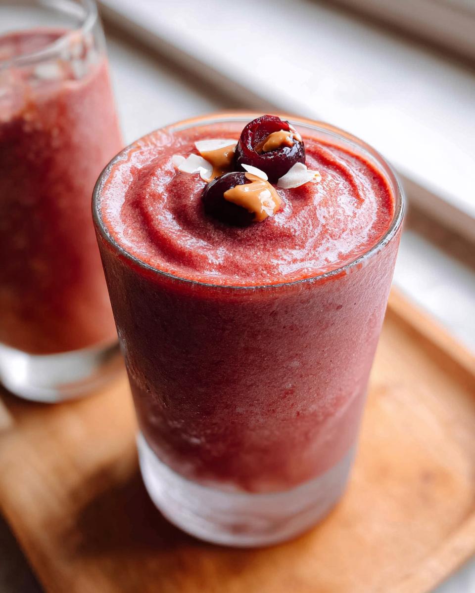 Close-up of a thick, vibrant red Cherry Almond Smoothie topped with fresh cherries, peanut butter, and almond slivers.