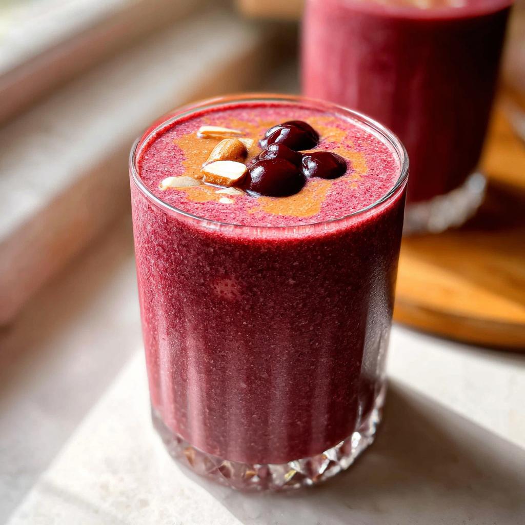 Close-up of a vibrant Cherry Almond Smoothie topped with whole cherries, almond slices, and a drizzle of almond butter.