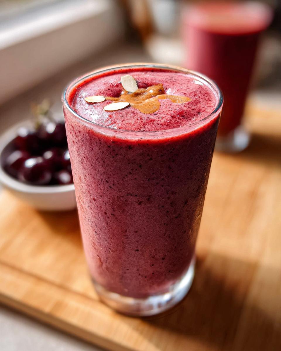 Close-up of a thick, vibrant purple Cherry Almond Smoothie topped with almond butter and slivered almonds.