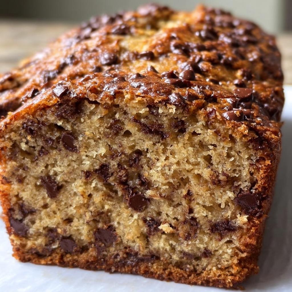A cross-section view of a moist Chocolate Chip Banana Bread loaf, packed with melted chocolate chips.