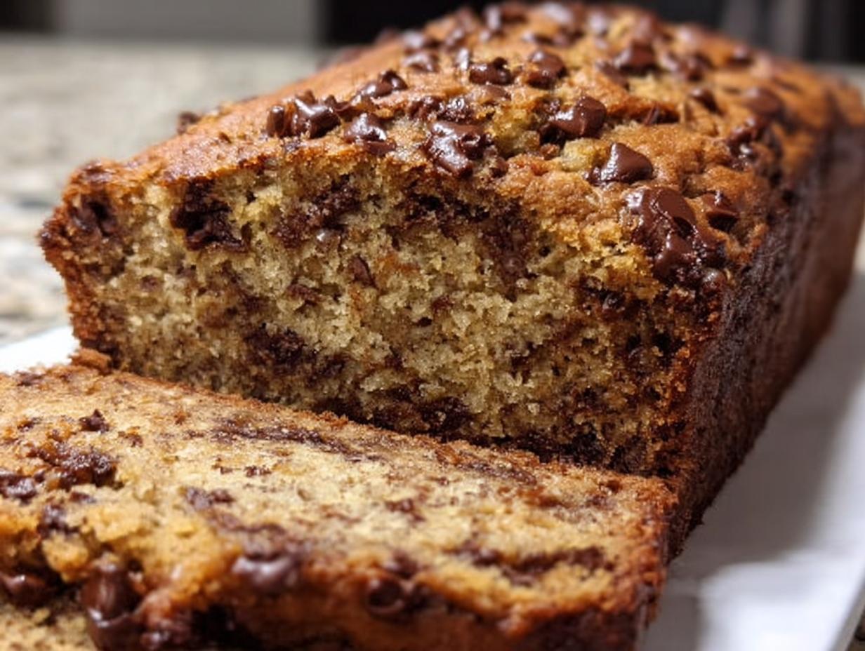 Close-up of a freshly baked Chocolate Chip Banana Bread loaf with one slice cut, showing moist texture and melted chocolate chips.