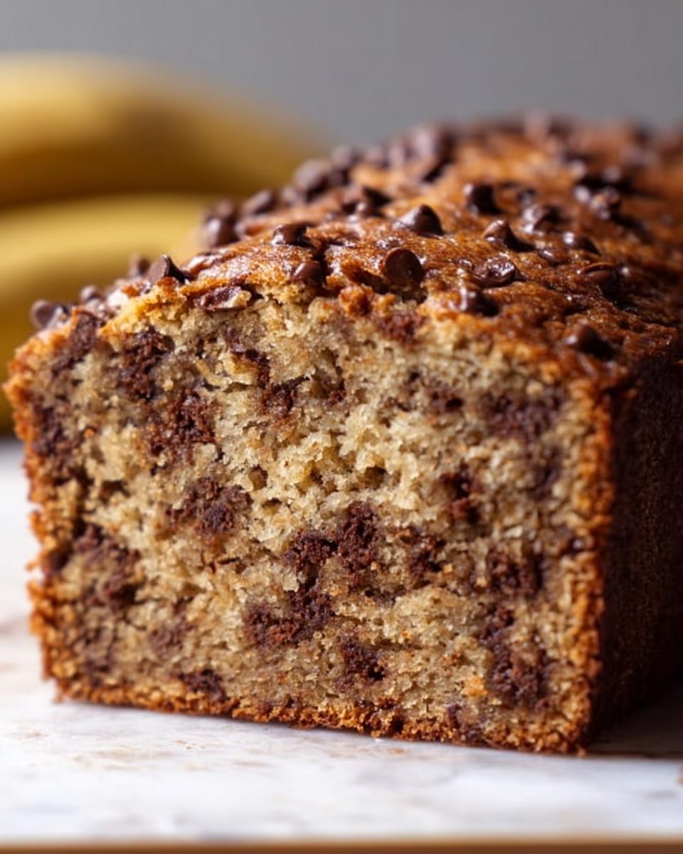 Close-up of a slice of moist Chocolate Chip Banana Bread showing rich texture and melted chips.