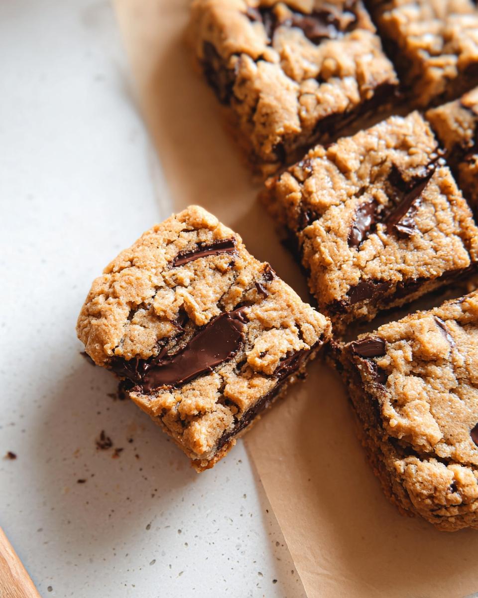 Close-up of rich, chewy chocolate chip bar cookies for a crowd, showing melted chocolate chunks.