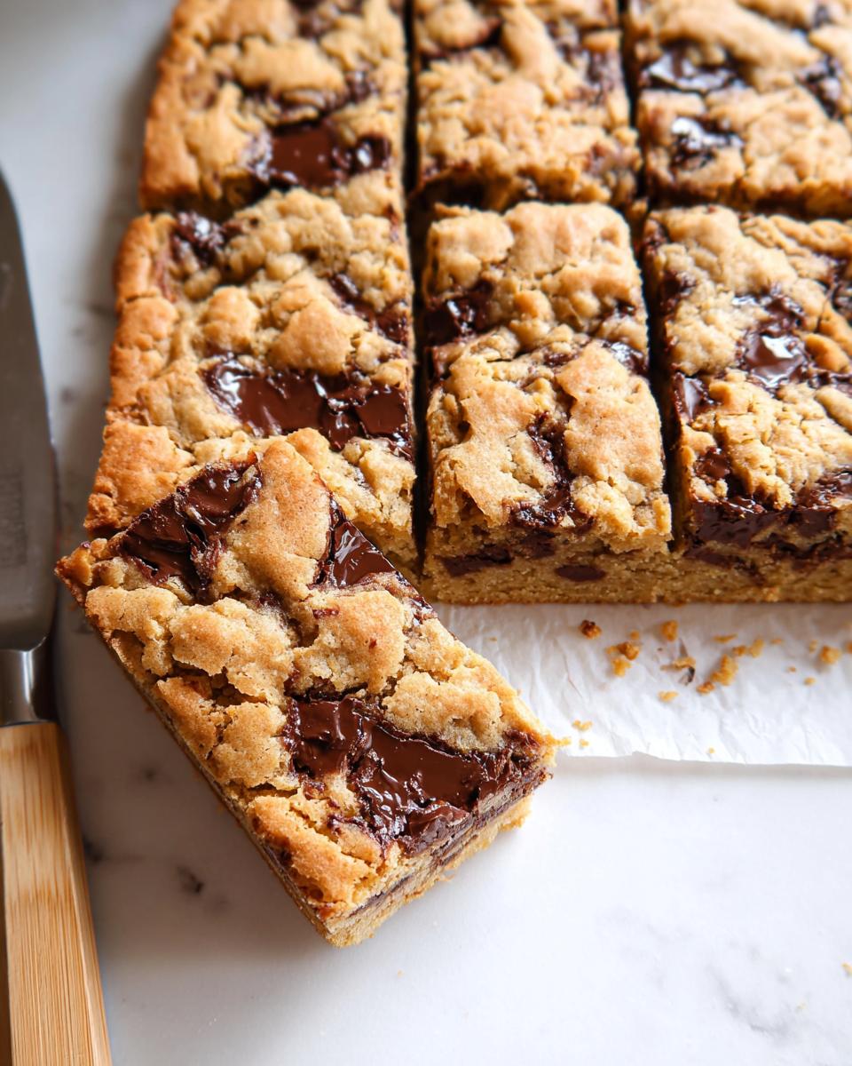 Close-up of freshly cut chocolate chip bar cookies for a crowd, showing gooey melted chocolate chunks.