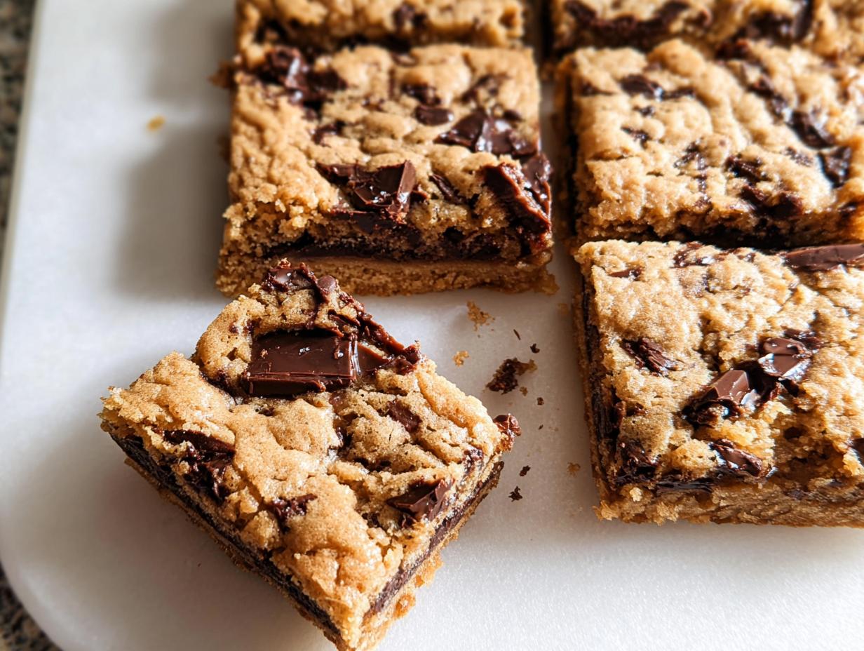 Close-up of rich, thick chocolate chip bar cookies for a crowd, cut into squares on a white surface.