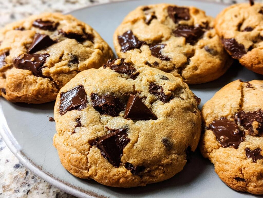 Close-up of freshly baked chocolate chip cookies with chunks of dark chocolate on a gray plate.