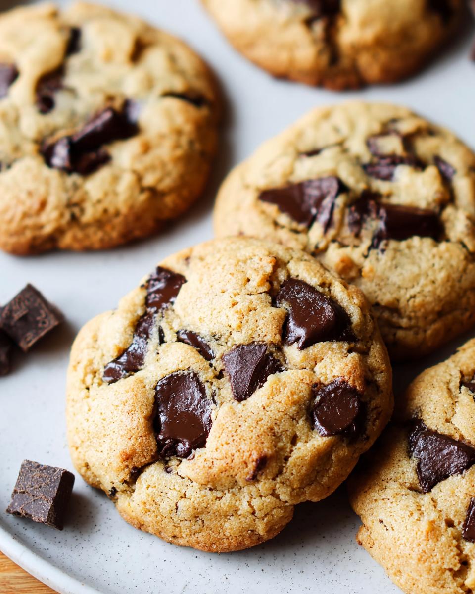 Close-up of freshly baked chocolate chip cookies with generous chunks of dark chocolate.